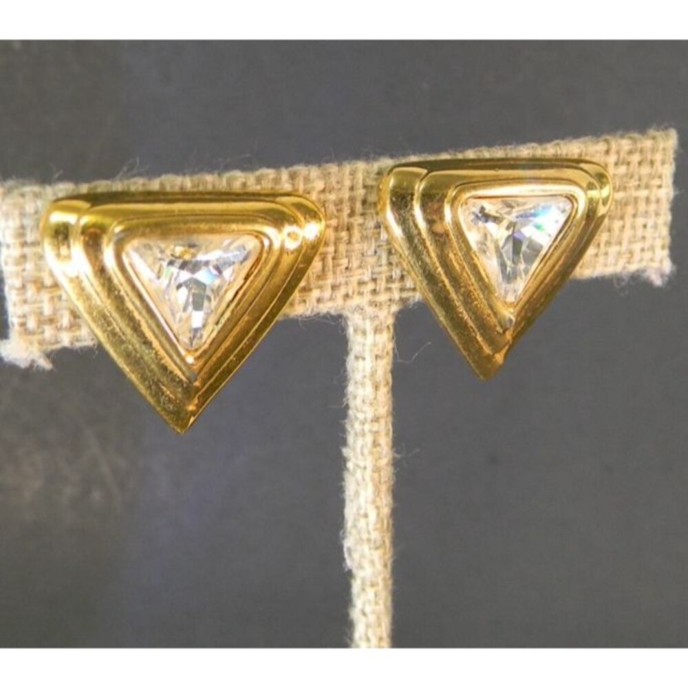 Vintage Swarovski Signed SAL Triangle Clear Crystal Gold Tone Clip On Earrings